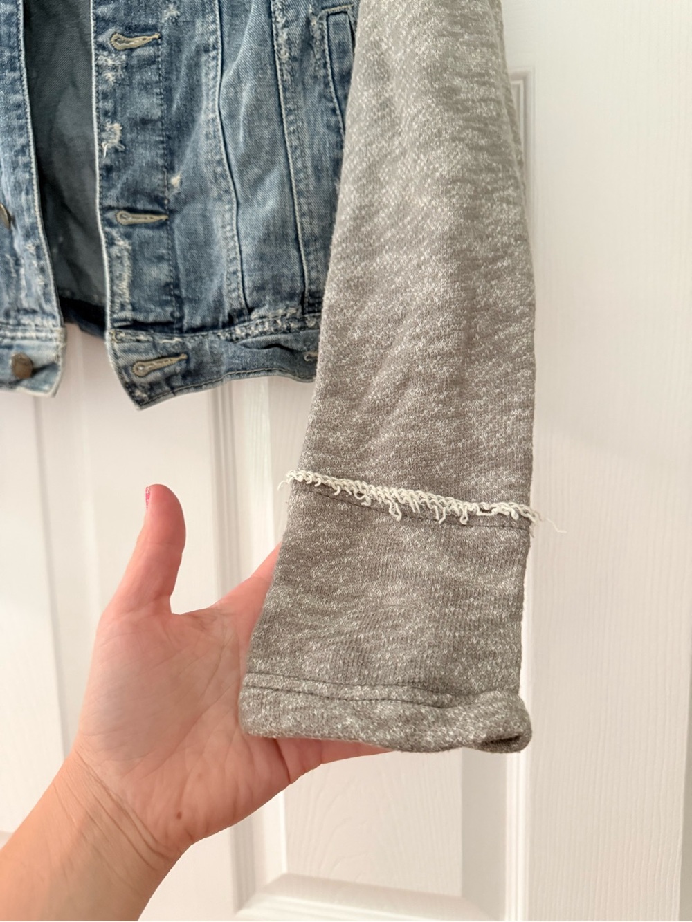 Free People Knit Hooded Denim Jacket with Blue Grey Sleeves - Small - Picture 7 of 11